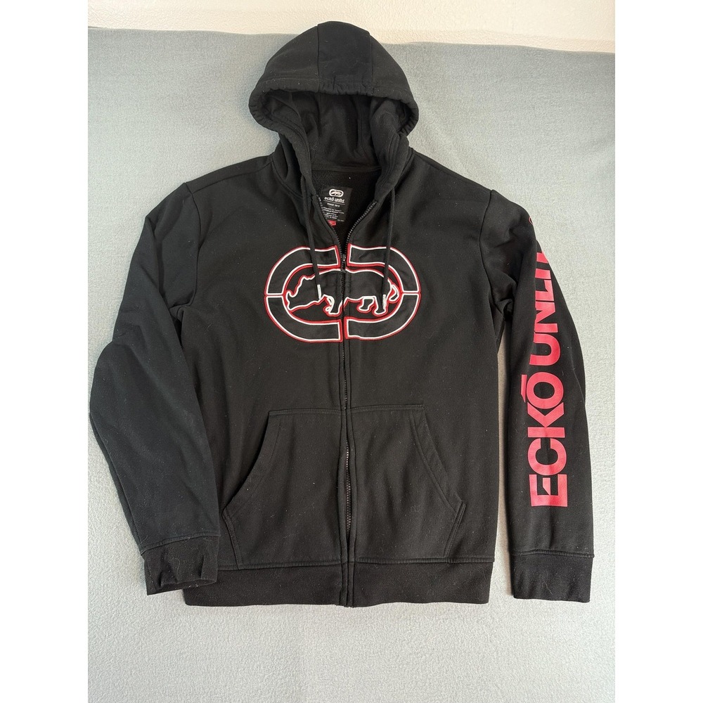 Vintage Ecko Unltd Hoodie Mens Medium Black Red Zip Up Y2K Rhino Logo Sweatshirt